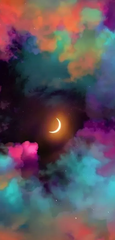 Vibrant cosmic wallpaper with crescent moon and colorful cloudscape.