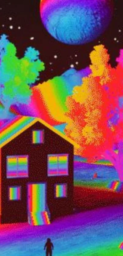 Psychedelic vibrant landscape with house and cosmic sky.