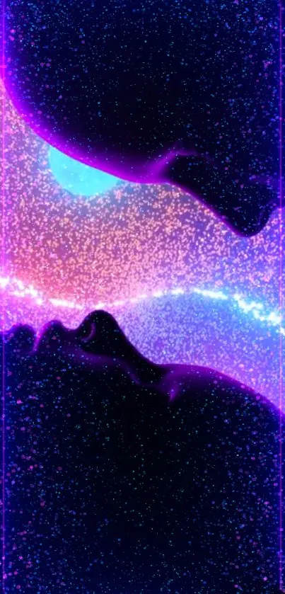 Two glowing profiles with cosmic neon sparkles on a starry background.