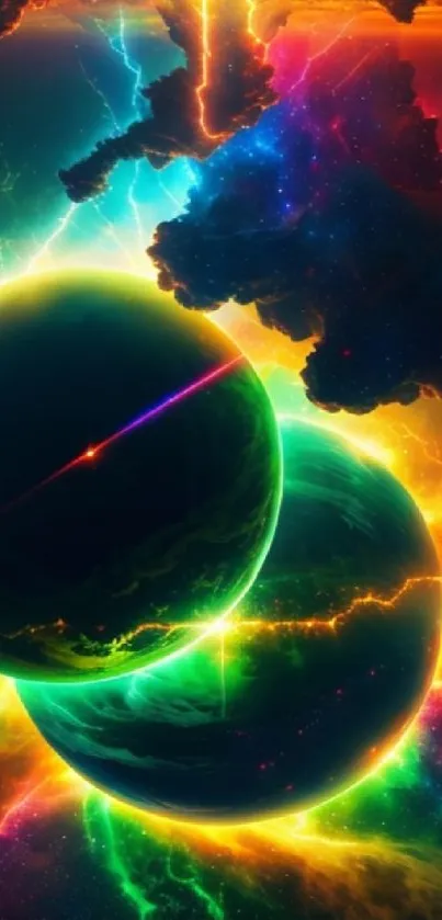 Vibrant cosmic wallpaper with two glowing planets.