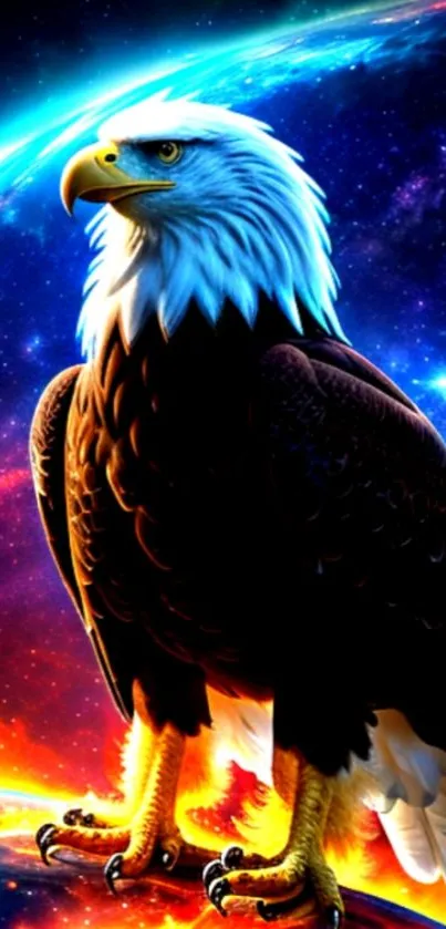 Majestic eagle in cosmic space with vibrant colors in the background.