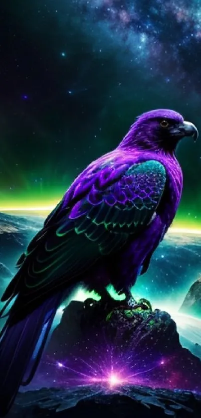 Vibrant purple cosmic eagle in space-themed setting.