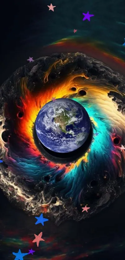 Vibrant cosmic design with Earth in colorful swirl effect.