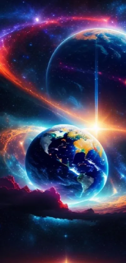 Vibrant cosmic wallpaper with Earth and galaxies.