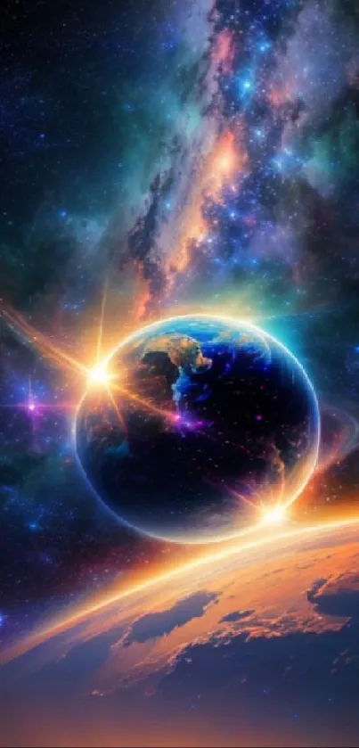 Vibrant cosmic wallpaper with Earth and colorful galaxy.