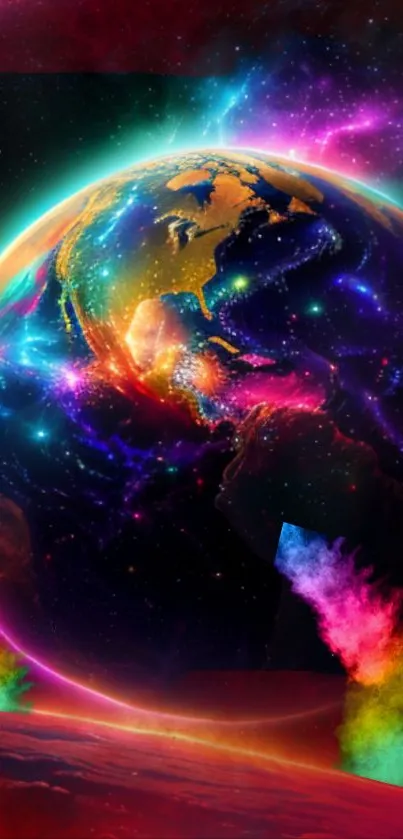 Vibrantly colored cosmic Earth wallpaper with a celestial theme in vivid hues.