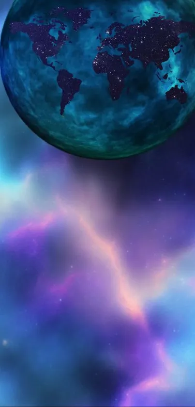 Mobile wallpaper featuring cosmic Earth with blue and purple shades.