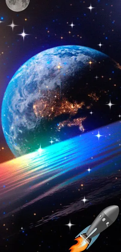 Mobile wallpaper of Earth with vibrant cosmic background and stars.