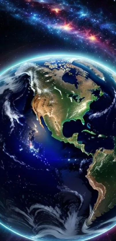 Colorful cosmic Earth wallpaper with vibrant space background.