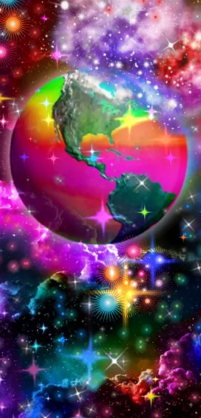 Vibrant cosmic Earth with colorful galaxy background.