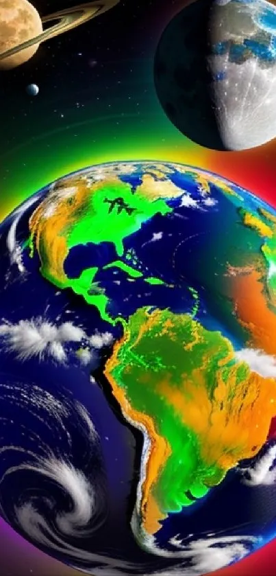 Colorful Earth with planets in space wallpaper.