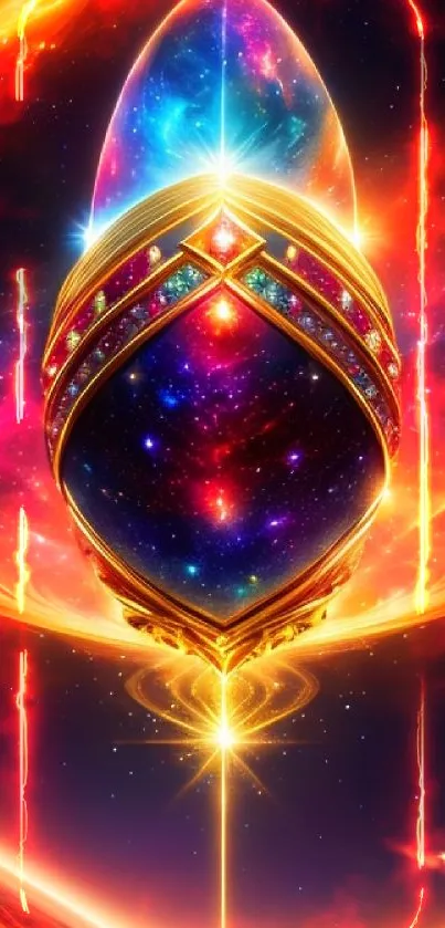 Vibrant cosmic egg wallpaper with a golden glow and galaxy background.
