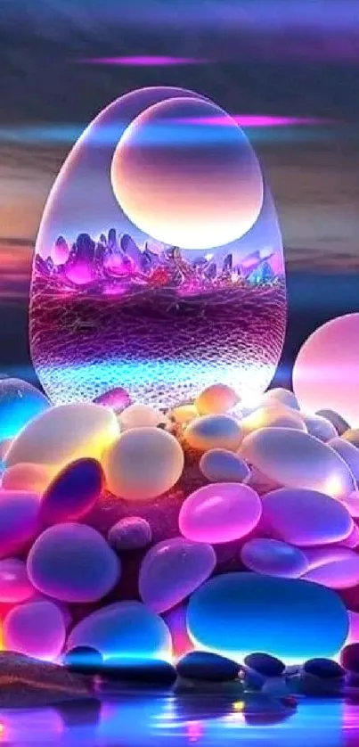 Vibrant cosmic eggscape with glowing stones under twilight sky.