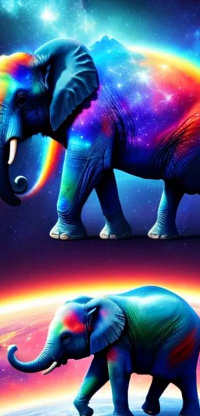 Cosmic elephants with a galaxy background in vibrant colors.