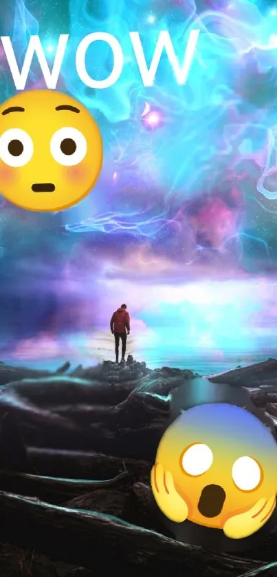 Colorful cosmic wallpaper with emojis and a lone figure standing.