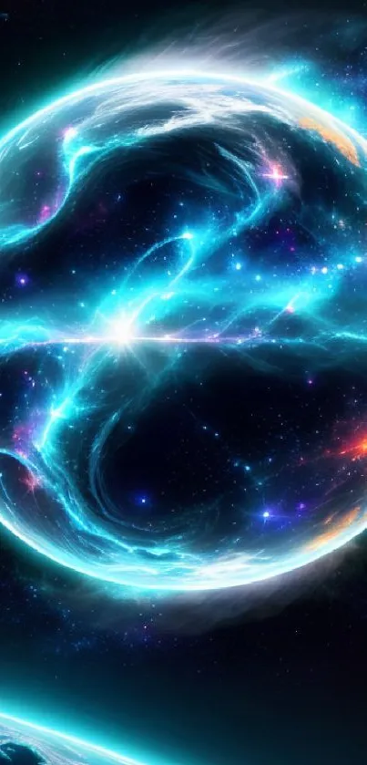 Vibrant cosmic energy sphere against a starry galactic backdrop with luminous blues.