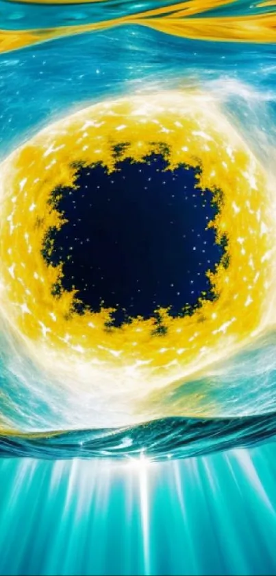 Vibrant cosmic energy vortex mobile wallpaper with swirling blues and yellows.