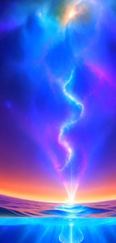 Vibrant cosmic energy wallpaper with blue and purple colors.