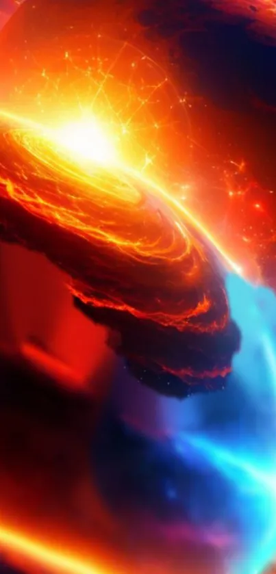 Vibrant cosmic wallpaper with fiery planets and glowing energy in space.