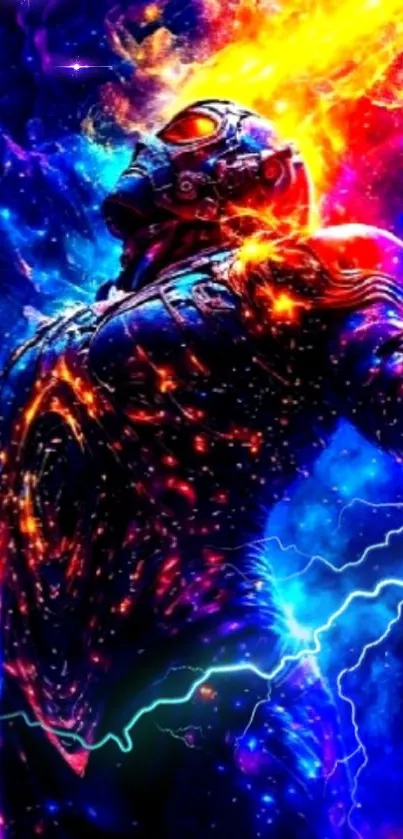 Abstract figure with cosmic neon energy and lightning effects.