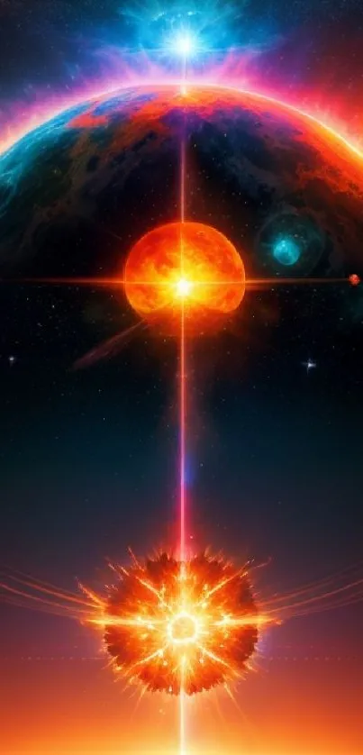 Vibrant cosmic mobile wallpaper with celestial bodies and radiant orange hues.