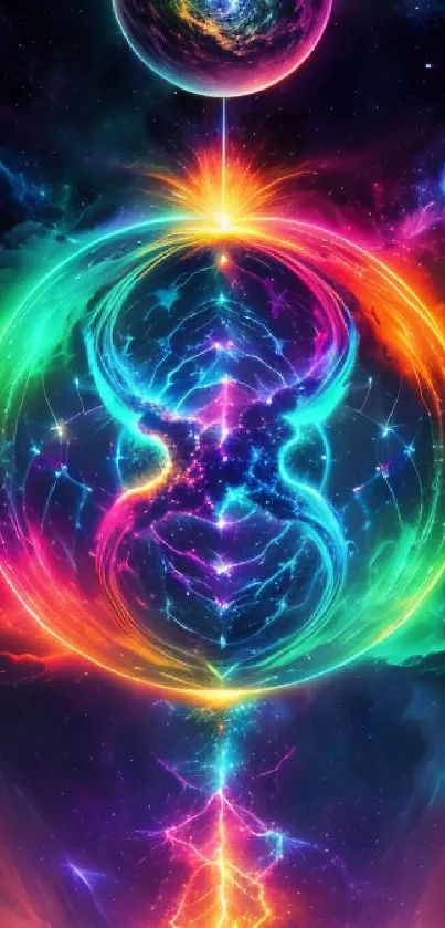 Vibrant cosmic wallpaper with neon colors and galaxy theme for mobile devices.