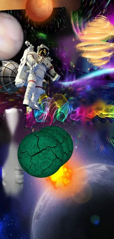 Astronaut floating amidst colorful cosmic scenery with planets.