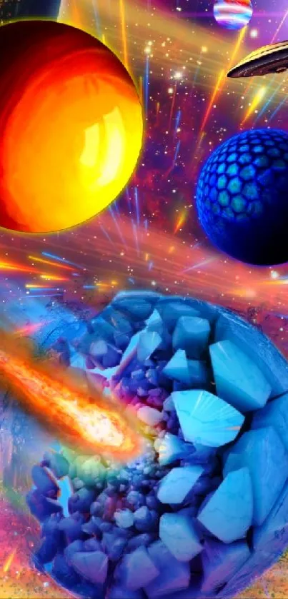 Colorful cosmic scene with planets and an asteroid impact.