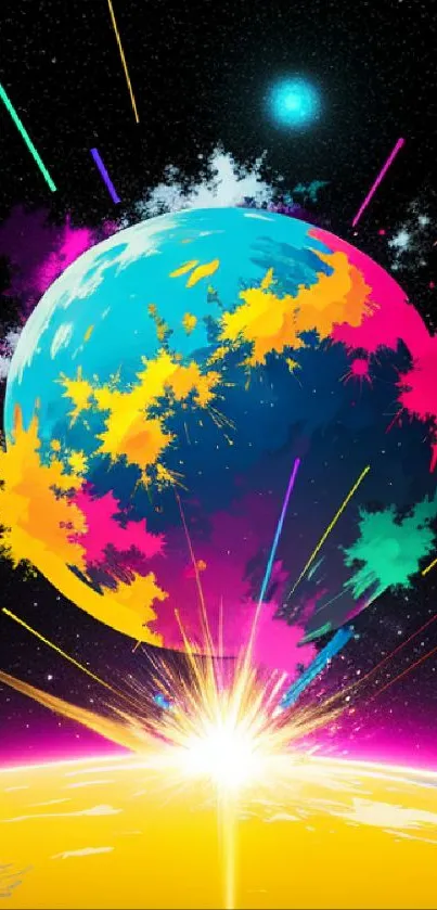 Colorful cosmic explosion wallpaper with vibrant galaxies and space elements.