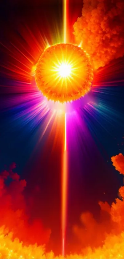 Dynamic cosmic explosion with orange and red hues in a mobile wallpaper.