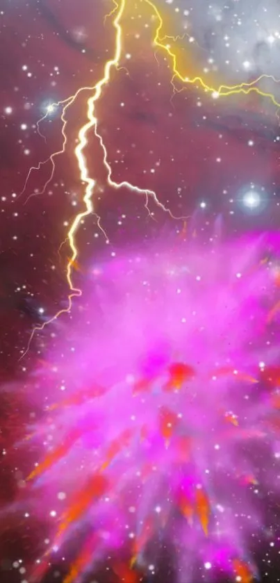 Pink cosmic explosion with lightning in a galaxy backdrop.