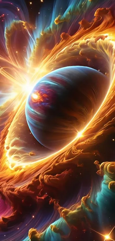 Vibrant cosmic explosion with fiery colors and a planet.