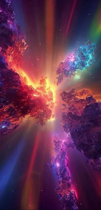 Vibrant cosmic explosion with abstract nebula and colorful light rays.