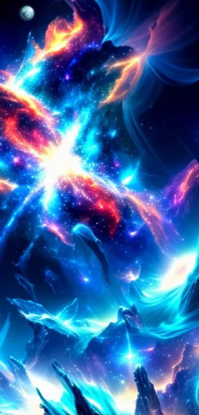 Vibrant cosmic explosion wallpaper with swirling galaxies and electric blue light.