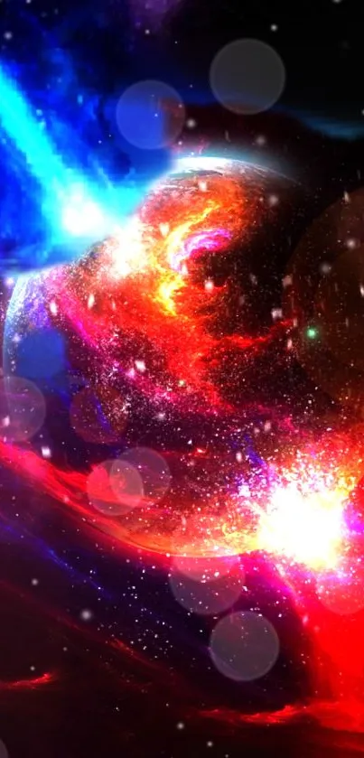 Vibrant cosmic explosion with red and blue hues in a space-themed wallpaper.