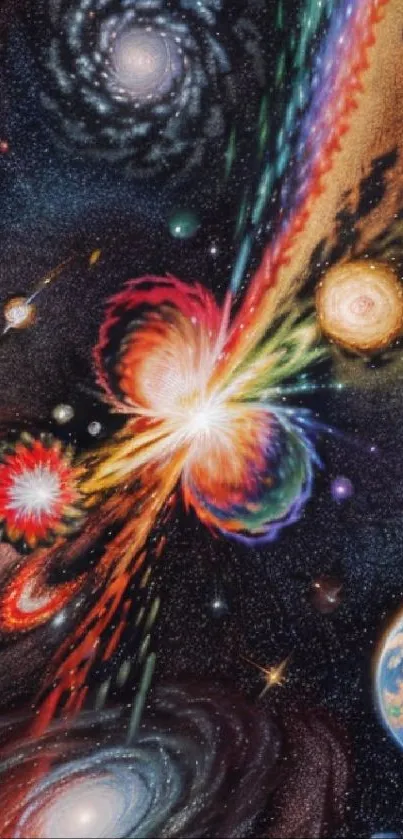 Vibrant cosmic explosion with galaxies and planets in space.