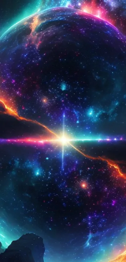 Vibrant cosmic explosion with colorful galaxy and stars wallpaper.