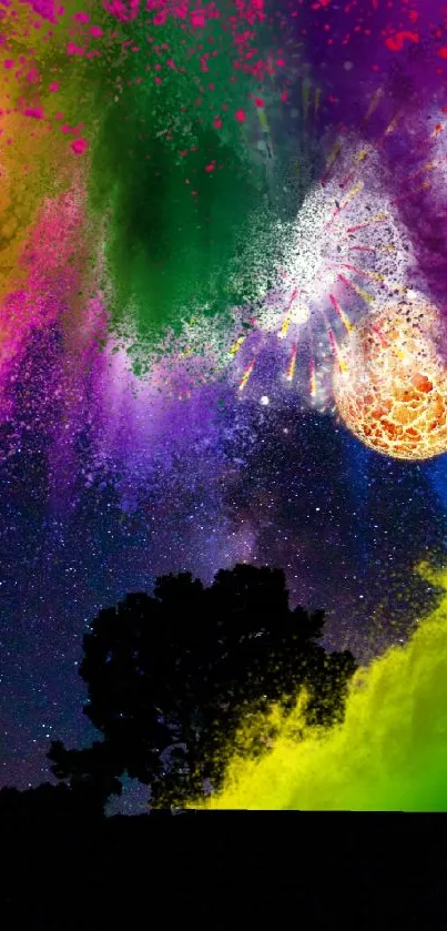 A vibrant cosmic explosion wallpaper with colorful abstract design and night sky.