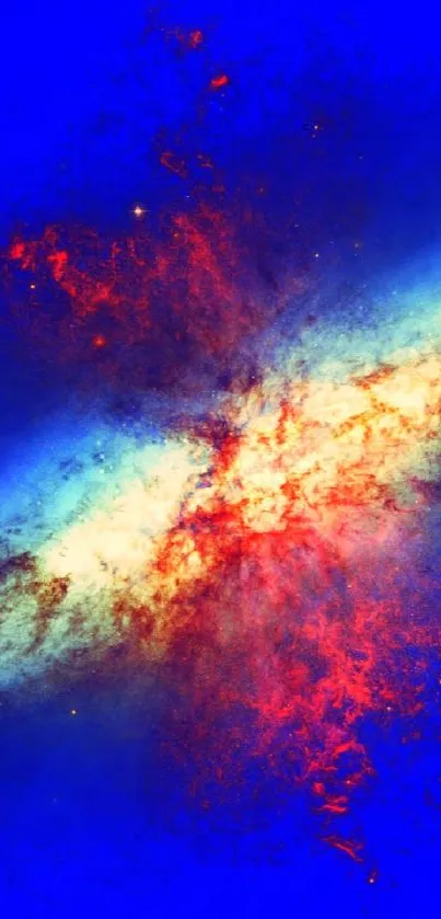 Vibrant cosmic explosion in blue, red, and yellow.