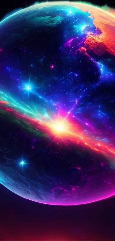 Vibrant cosmic explosion wallpaper with bright magenta and blue galaxy scene.