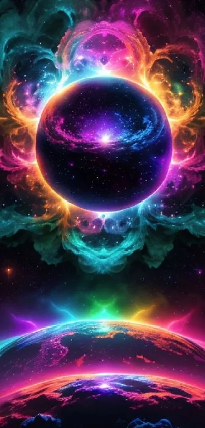 Vibrant cosmic explosion with neon hues on a mobile wallpaper.
