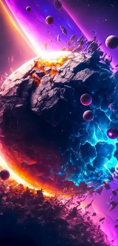 Colorful cosmic explosion with vibrant purple hues and a shattered planet.