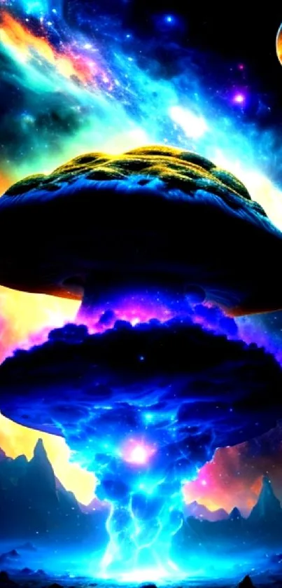 Vibrant cosmic explosion with rich colors, planets, and nebulas.