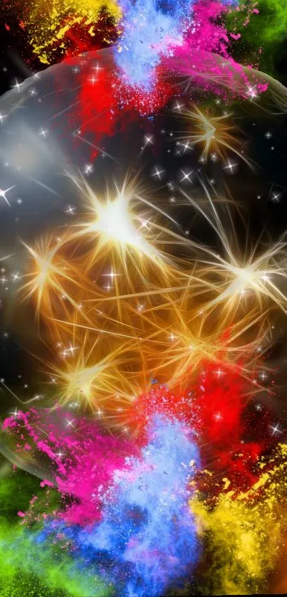 Vibrant cosmic explosion mobile wallpaper with colorful energy and stars.