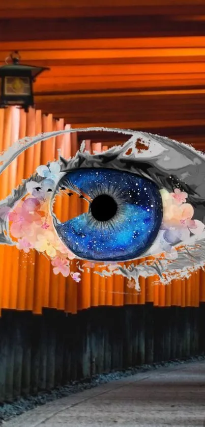 A colorful cosmic eye with floral on orange background.