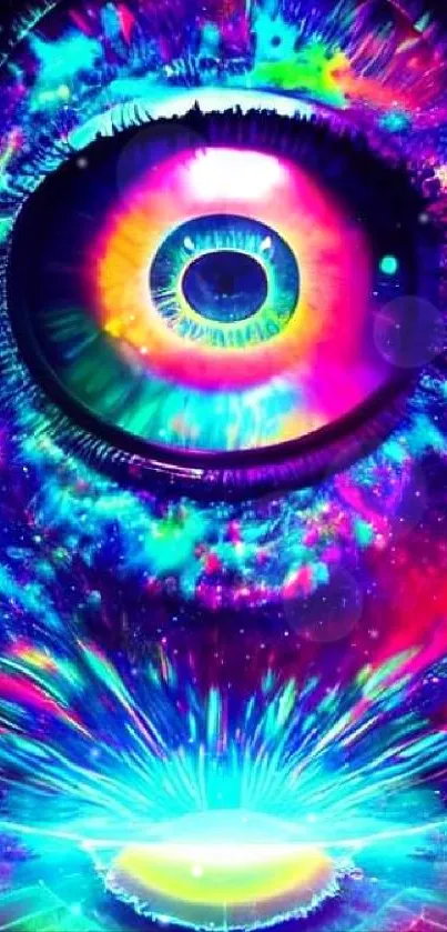 Vibrant cosmic-themed eye wallpaper bursting with vivid colors.