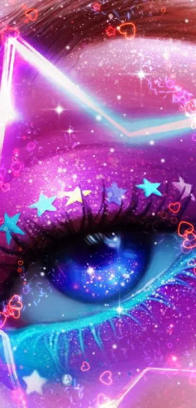 Cosmic eye with neon star design, vibrant colors and dreamy accents.