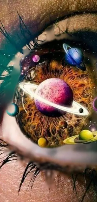 Eye with vibrant cosmic planets, colorful space-themed art.