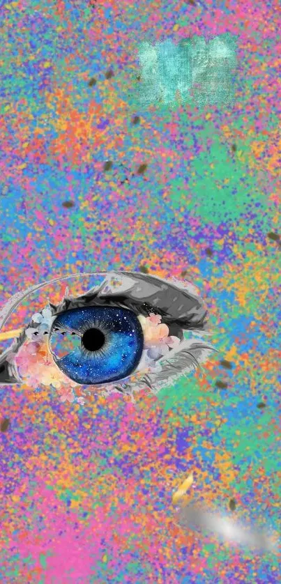 Colorful cosmic eye with vibrant abstract background.