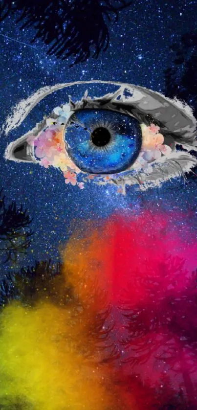 Vibrant cosmic eye with starry background and colorful clouds.